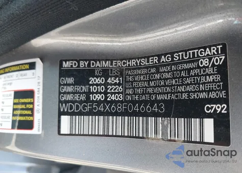 2008 Mercedes-Benz C 300 Luxury/Sport z USA, uszkodzony, nr VIN WDDGF54X68F046643